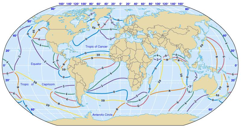Tides in the ocean Dynamic theory Cotidal map shows tides rotate around