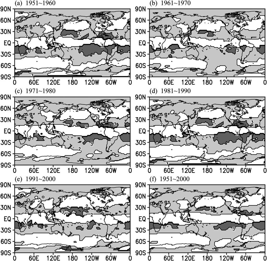 OCTOBER 2009 DING AND LI 3523 FIG. 5. The order p of AR process fit to the winter 500-hPa height anomalies for (a) (e) different decades and (f) the whole period.