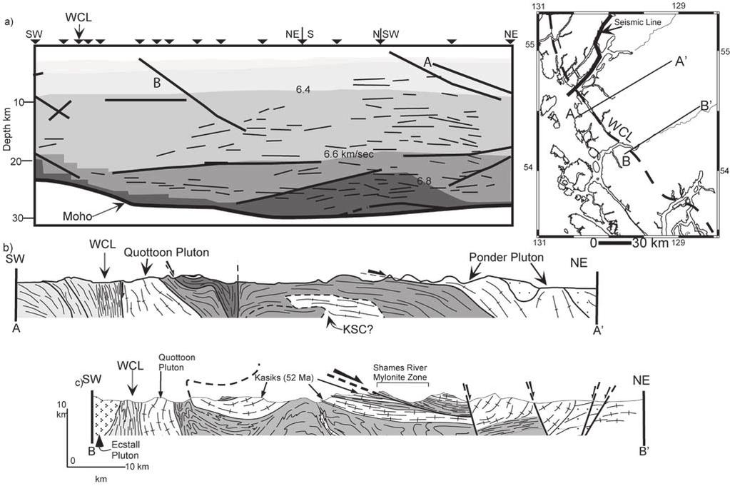 7-10 ANDRONICOS ET AL.: EXTENSION IN THE COAST PLUTONIC COMPLEX Figure 7. (a) ACCRETE seismic profile modified from Morozov et al. [1998].
