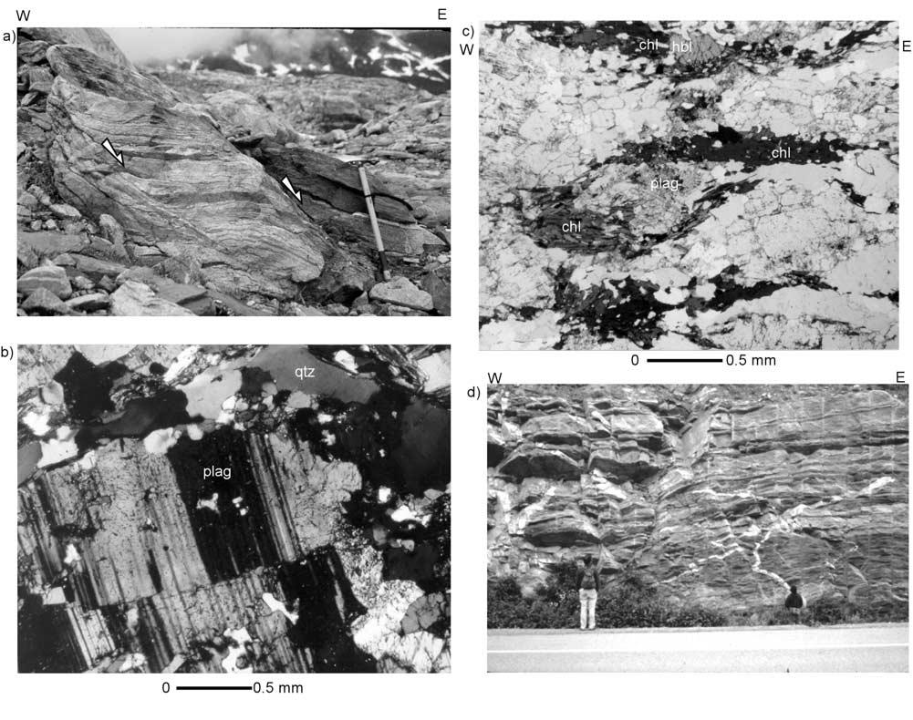 ANDRONICOS ET AL.: EXTENSION IN THE COAST PLUTONIC COMPLEX 7-13 Figure 10. Outcrop photos of structures related to Shames River mylonite.