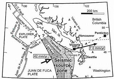 13.4 Earthquakes in BC High risk earthquake zones have three characteristics: The west coast of BC showing the Juan de Fuca subduction plate (shaded) and other rifting faults.