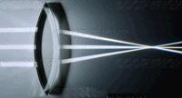 (b) The photograph shows narrow beams of light (rays) passing through a lens-shaped piece of transparent material.