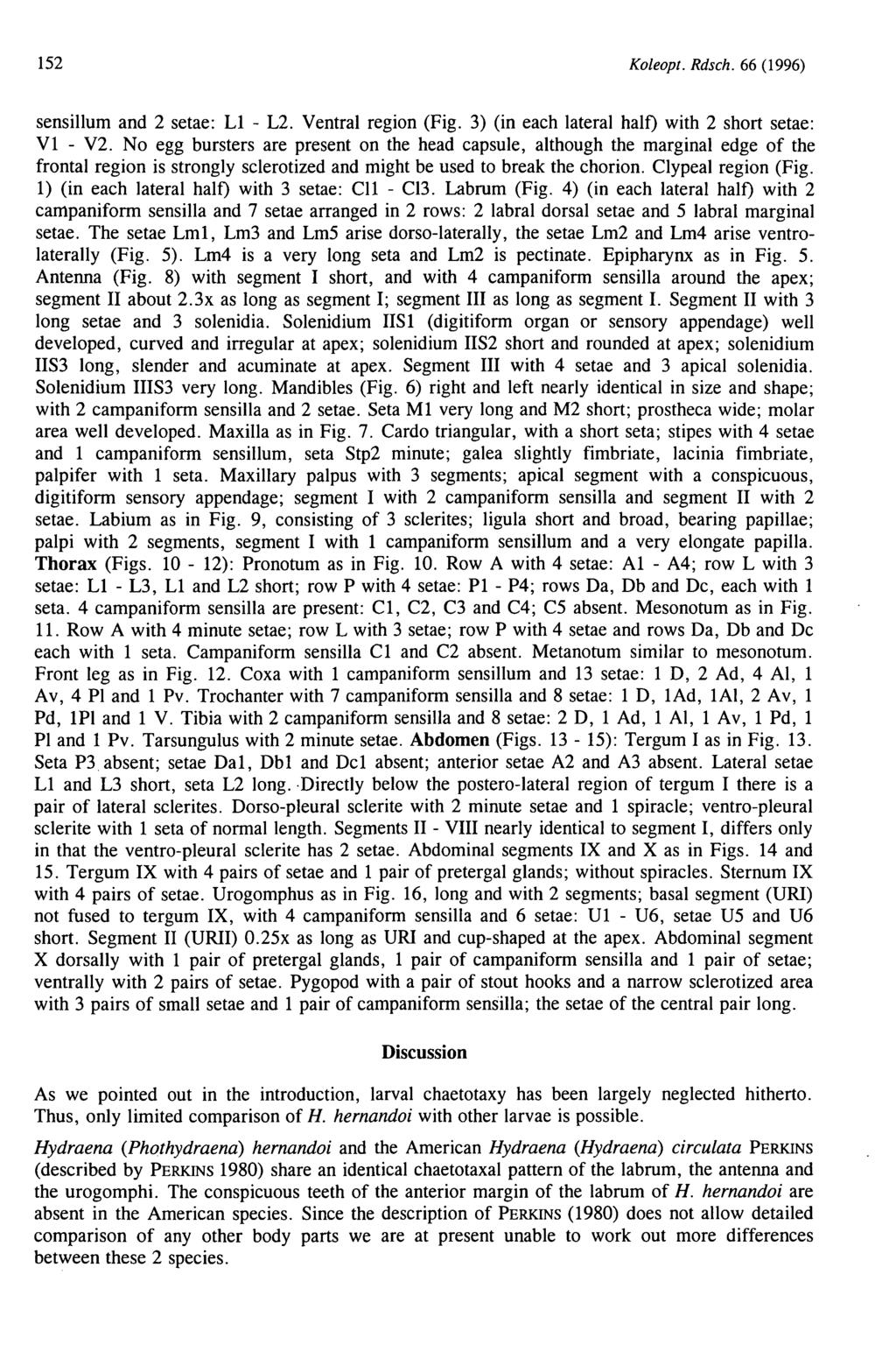 152 Koleopt. Rdsch. 66 (1996) sensillum and 2 setae: LI - L2. Ventral region (Fig. 3) (in each lateral half) with 2 short setae: VI - V2.