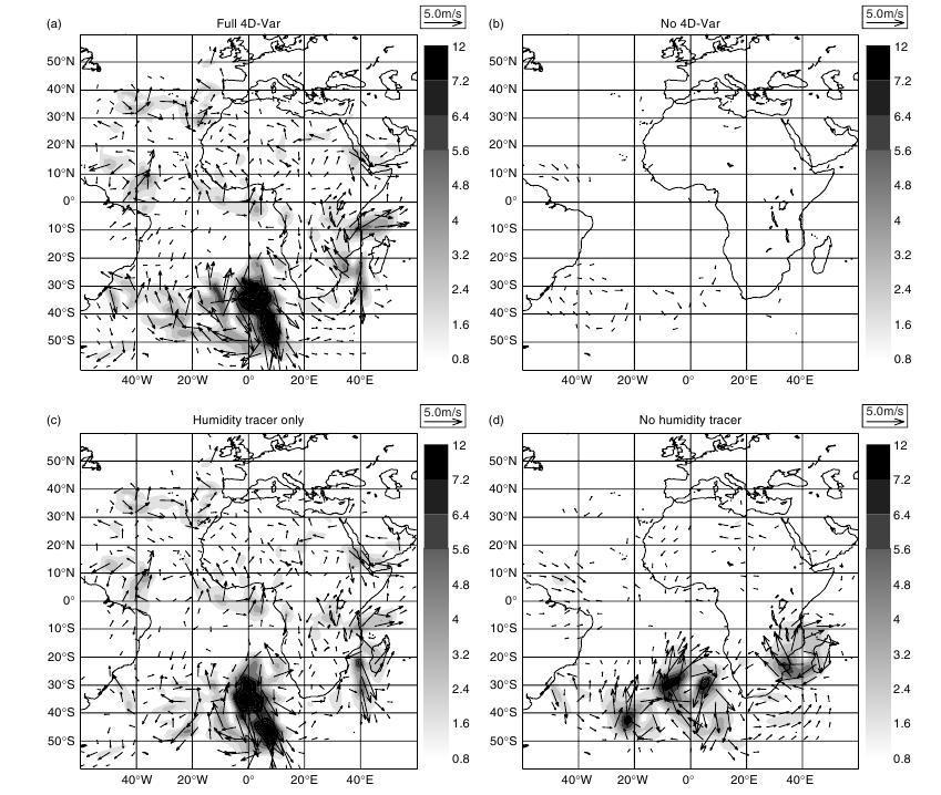 Impact of the humidity CSR assimilation on winds Full 4D-Var No tracer effect, no δt Wind speed and wind increments at 300hPa No δt No tracer effect The