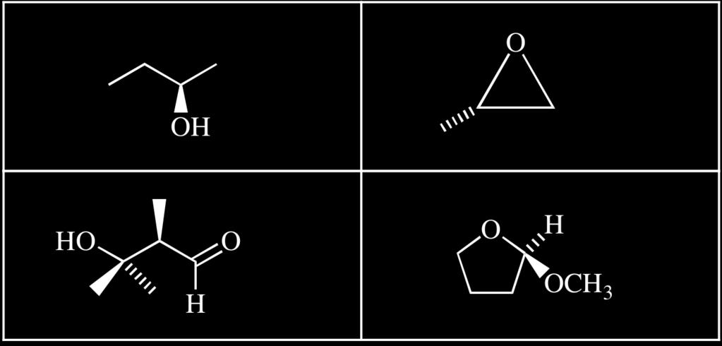 1 (20 pts) a) For each molecule below, carefully give the configuration of each tetrahedral stereocenter using the R/S stereochemical