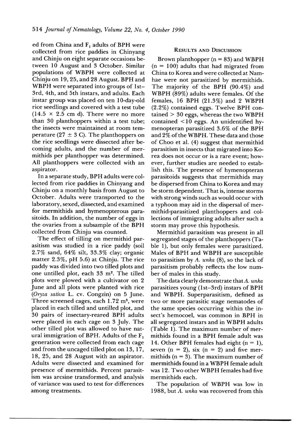 514 Journal of Nematology, Volume 22, No.