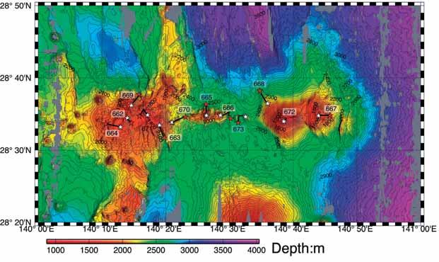T. Fujiwara et al., Figure 5: Compiled swath bathymetry with 50 m contours based on data collected using a SeaBat (NT07-07), a HS-10 (YK97-10), and a SeaBeam 2112 (KR01-15).