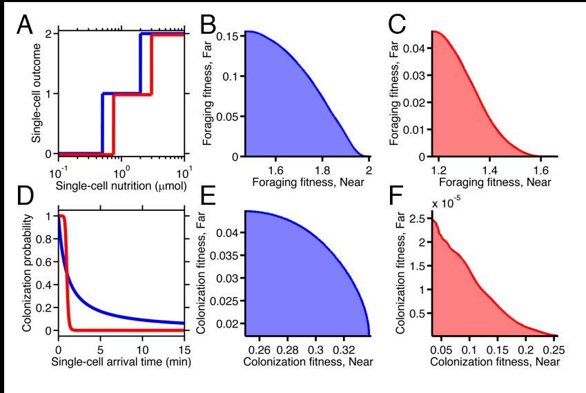 Figure 5 figure supplement 1. Fitness trade-offs under alternate models of selection. A. Model of discrete physiological transitions applied to the chemotactic foraging challenge.