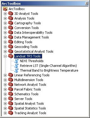 Landsat Thermal Remote Sensing (TRS) Tools for ArcGIS Desktop 10+ additional ArcGIS Desktop 10+ toolbox for automatic retrieval of brightness temperature (BT), land