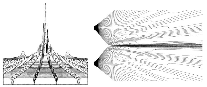 Figure 1 Left: Calculated quantum potential after a doubleslit. Right: Trajectories for a particle passing this doubleslit. The bunching of the trajectories can be seen in the middle. D. J.