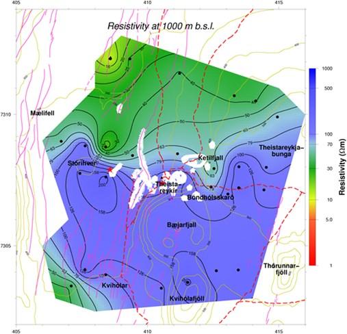 Resistivity map at 1000 m b.s.l. At a depth of 1400 m, the high resistivity core correlating to the chlorite-epidote alteration zone is clearly mapped trending in the east west direction (Figure 15).