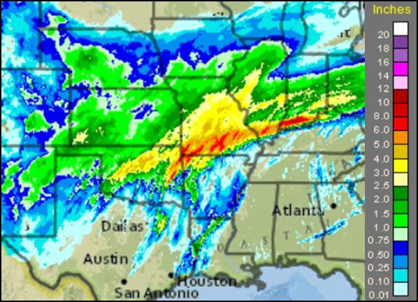Flood Potential/Severe Weather Midwest Widespread heavy rainfall continues across much of the middle portion of the US from southern Louisiana to Michigan.