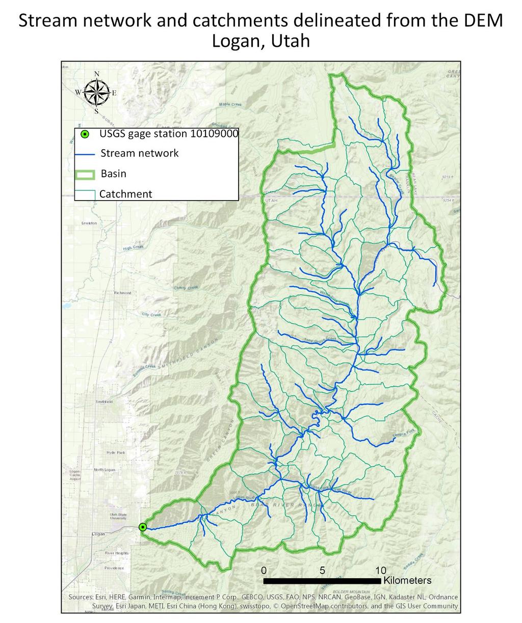 8. Prepare a layout showing the stream network and catchments delineated directly from the DEM. 9.