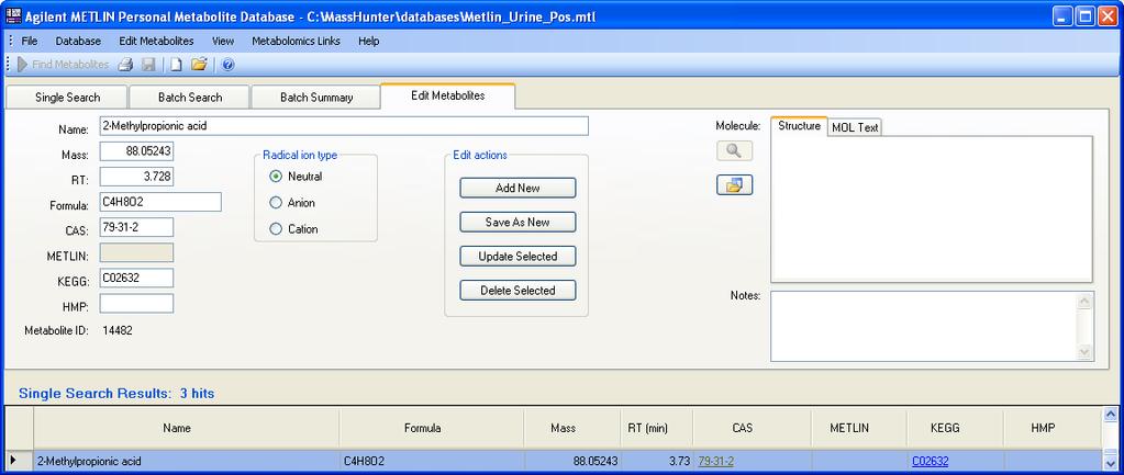 Edit Metabolite Database New Entry Select add