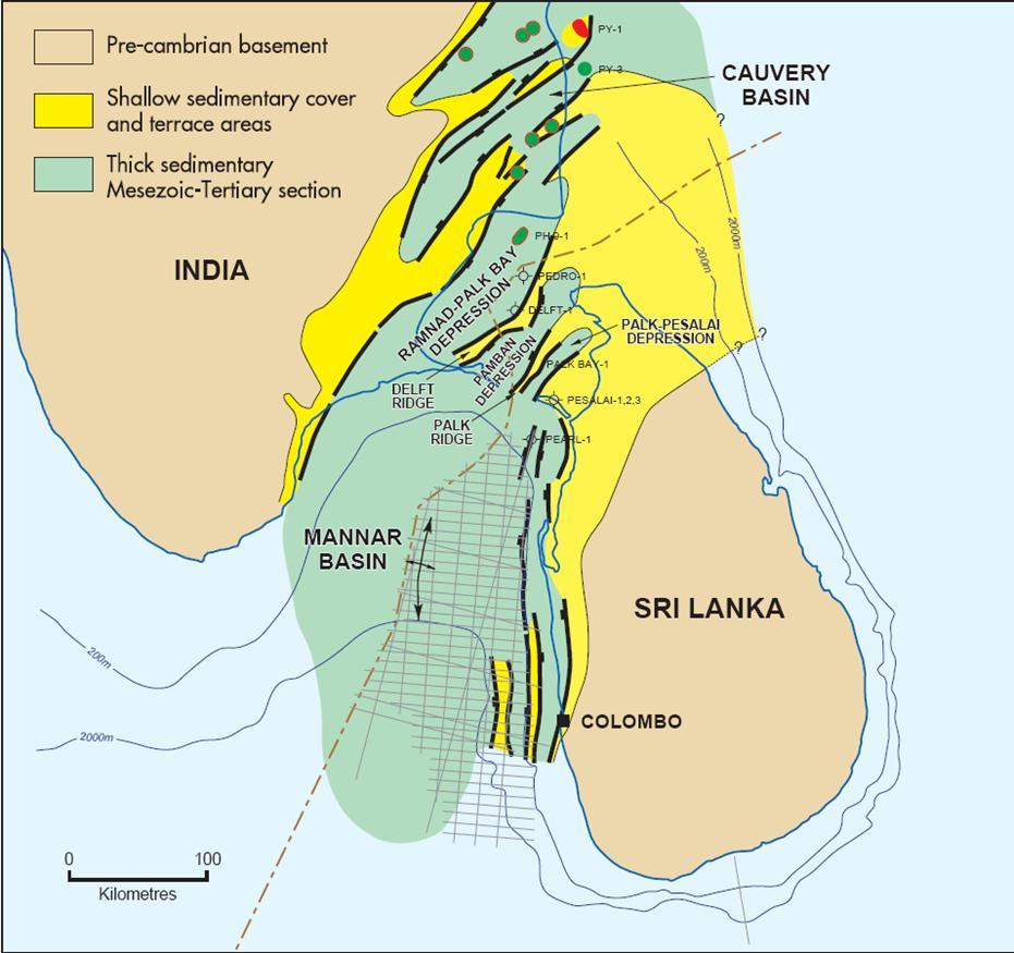 Structural Framework Sri Lanka Basins Cauvery & Mannar Basins were initiated as rifted basins in Gondwanaland, producing NE SW structural grain Two thermal events have controlled basin development &