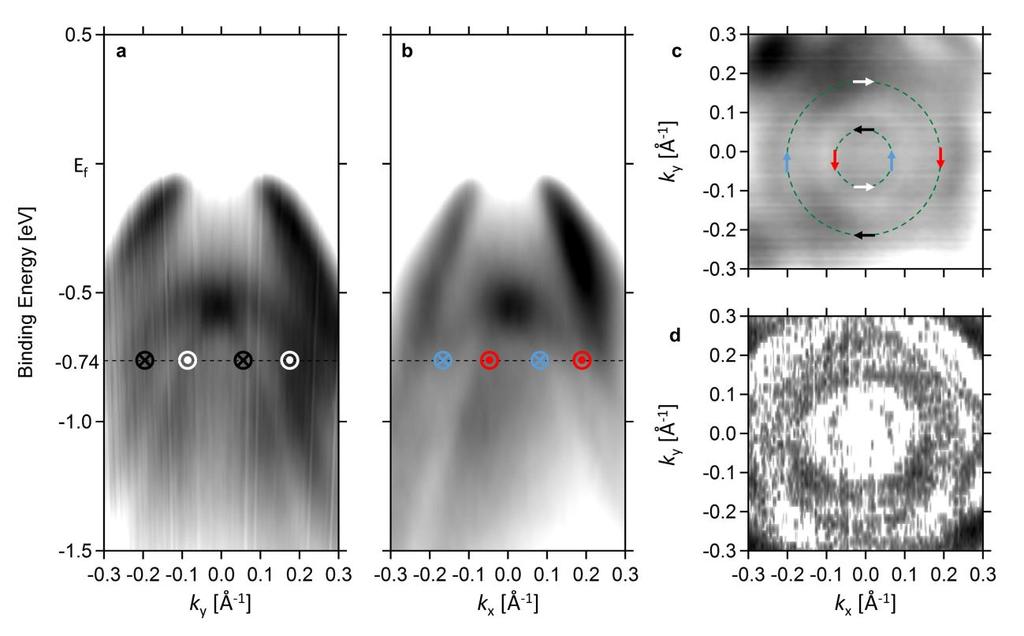 Supplementary Figure 3 Rashba-like surface state analysis. In-plane ARPES snapshots for (a) k x = 0 and (b) k y = 0 with the measured spin direction marked.