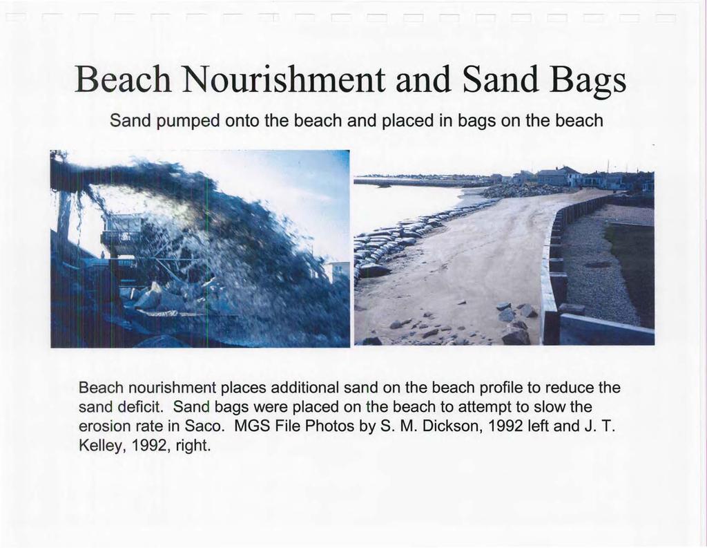 Beach Nourishment and Sand Bags Sand pumped onto the beach and placed in bags on the beach Beach nourishment places additional sand on the beach profile to reduce the