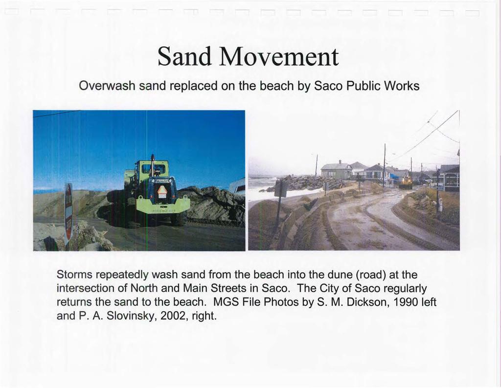 Sand Movement Overwash sand replaced on the beach by Saco Public Works Storms repeatedly wash sand from the beach into the dune (road) at the intersection of