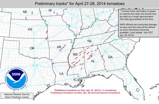 Severe Weather MS Valley to Southeast Current Situation Severe thunderstorms continued moving over the MS Valley and into the Southeast Impact Summary 110 (+19) tornadoes reported across