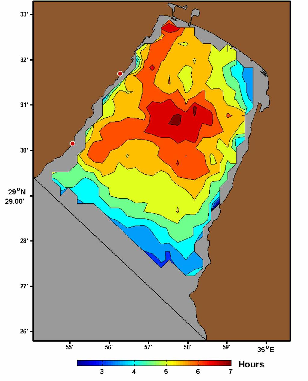 Fig. 4. Color contours of mean 500-m separation times (in hours) for the Gulf of Eilat in September 2005. The largest separation times occur in the center of the Gulf and in the northwest corner.