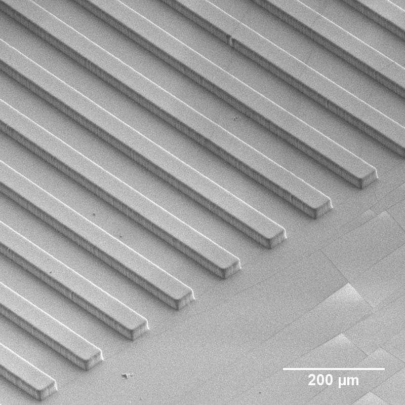 (a) (b) Figure B.1: (a) SEM picture of PDMS strip with area fraction 0.41; (b) Optical microscope image of PDMS strip with area fraction 0.41, top view. in its perpendicular direction direction-2.