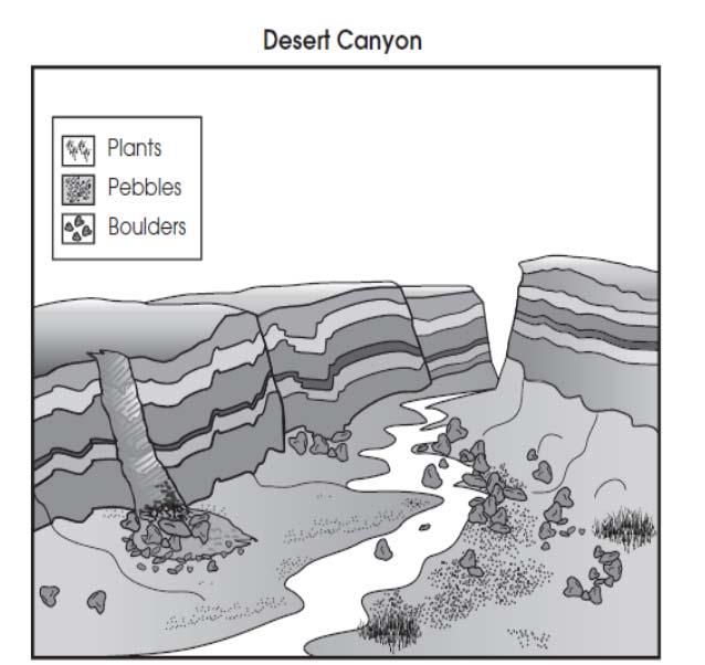 Use the information below to answer question 6. 15. [ES] The picture shows a stream flowing through a desert canyon. The canyon was shaped by natural processes.