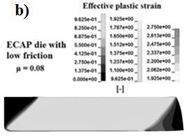 At the conventional ECAP die the effective plastic strain field is more uniform for the lower friction coefficient (μ = 0.