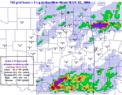 fifteen minute LT ending at 2400 UTC on April 22, 2004 for thunderstorms along a boundary.