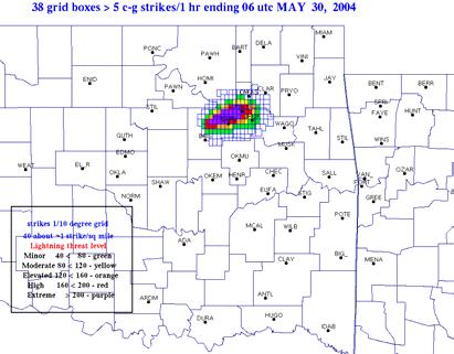 south Tulsa (Tuls). Note that the highest CG flash density is occurring from Sapulpa to Tulsa. The fifteen minute LT ending at 05 UTC is shown in Fig. 5b.