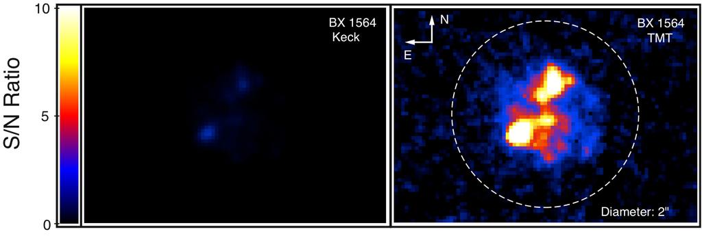 Looking forward with TMT and other next generation facilities. Nebular emission from HDF-BX1564 as simulated with Keck (left, confirmed by OSIRIS observations) and TMT (right).