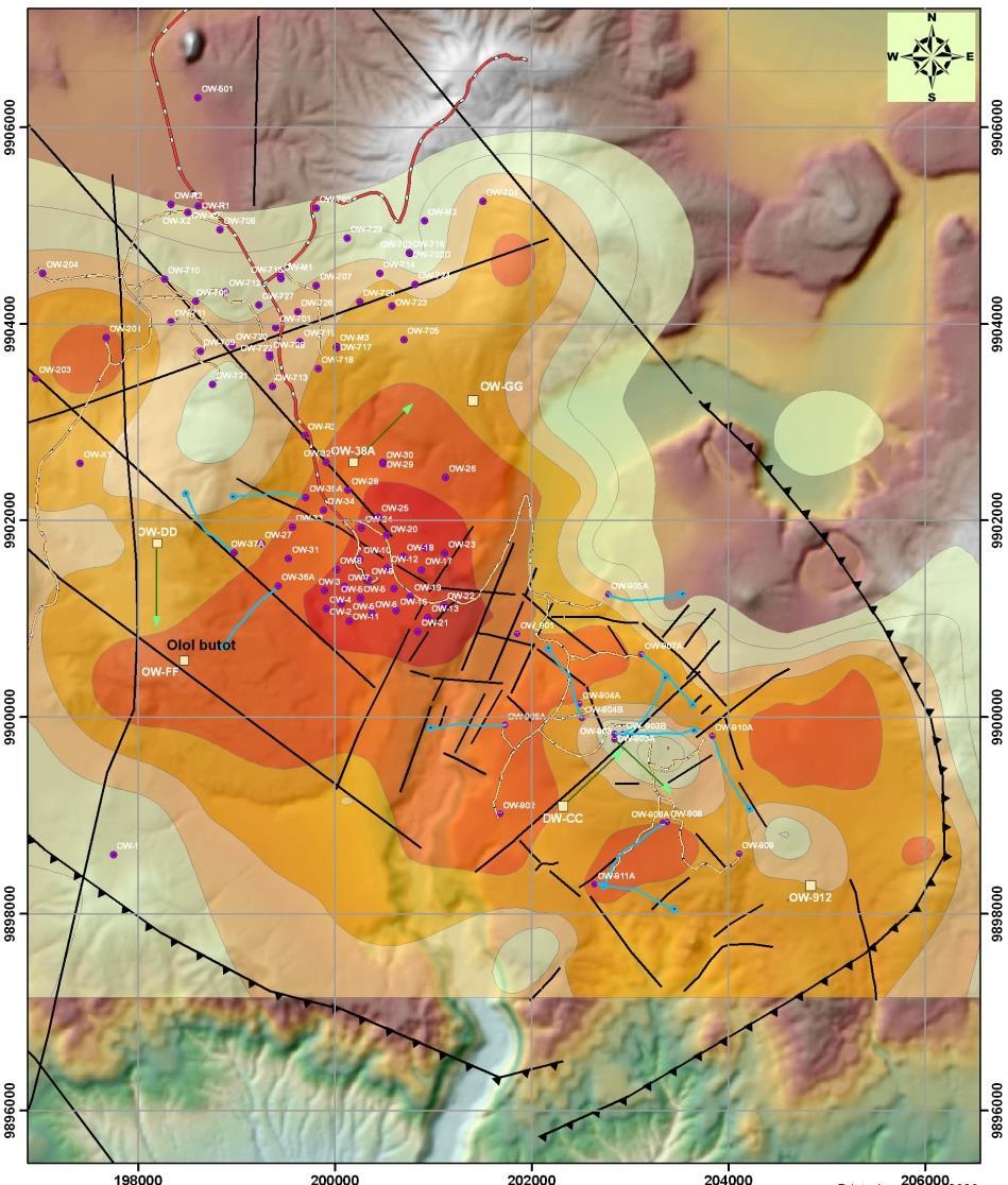 Figure 2: A map showing the possible well sites areas (final output grid). The most suitable areas are shown in red, brown areas are next followed by orange areas.