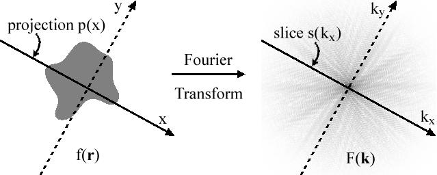 The Projection Slice Theorem Suppose we have a 2D image, defined by pixel values f(x,y), and its 2D Fourier transform F(k x,k y ).