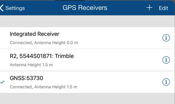 Collector Location Provider Located in App Settings Support for Integrated receivers Bluetooth receivers Serial receivers, like Trimble Catalyst Connect to named