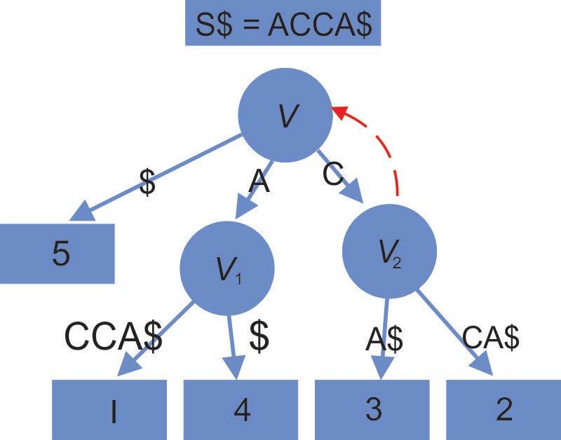 Slika 1. Sufiksno stablo za niz S$ = ACCA$.
