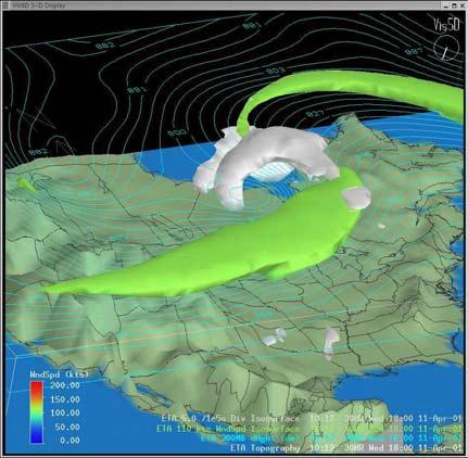 3.5 Moisture Figure 8. Eta model forecast of the 100 knot wind isosurface (green), and the 5.0 unit divergence isosurface in gray, valid 1800 UTC 11 April Solid cyan contours are the 300 hpa heights.