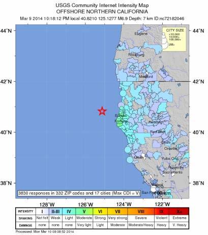 Significant Earthquake Activity M 6.9 offshore of Northern California Occurred at 1:18a.m.