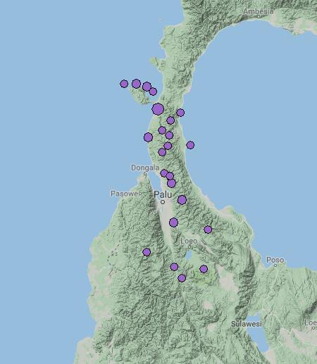 Earthquakes from September 28, 2018 are plotted to the right. In the hours prior to this earthquake, there were a series of small-tomoderate sized earthquakes ranging from M 4.6 M 6.1. The M 6.