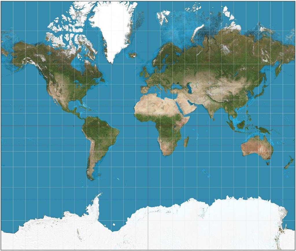 MERCATOR PROJECTION (lines of latitude and longitude form right angles): Starting with the Mercator projection trace Greenland onto a piece of paper and cut it out, like in the video. Questions: 1.