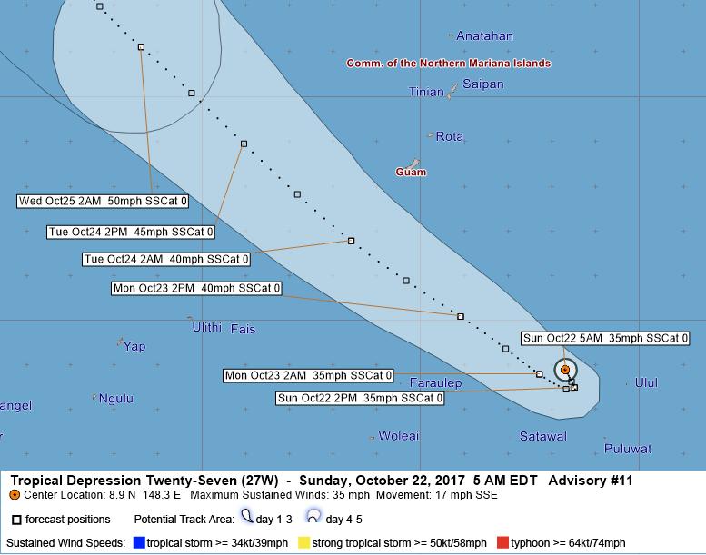 EDT) Located 395 miles SE of Guam Moving SSE at 17 mph Maximum sustained