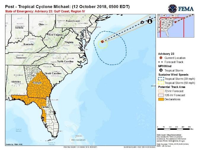 Tropical Storm Michael State/Local Response AL EOC at Full Activation: Governor declared a statewide state of emergency Governor requested an Emergency Declaration on October 10 FL EOC at