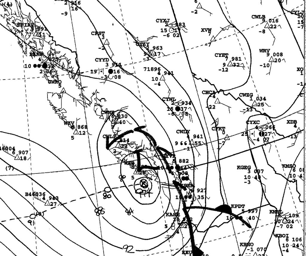 the model output. Figure 9: 12 UTC (left) and 18 UTC (right) April 2. 2010 surface weather maps by the Pacific Storm Prediction Centre.