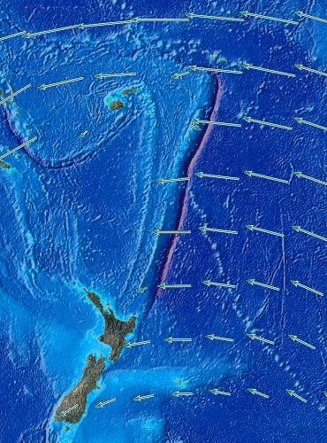 The blue arrows show the motion of the Pacific Plate with respect to the Australian Plate.