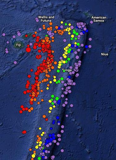 Regional historical seismicity in the northern Tonga Trench is shown on the map below with earthquakes color coded by depth.