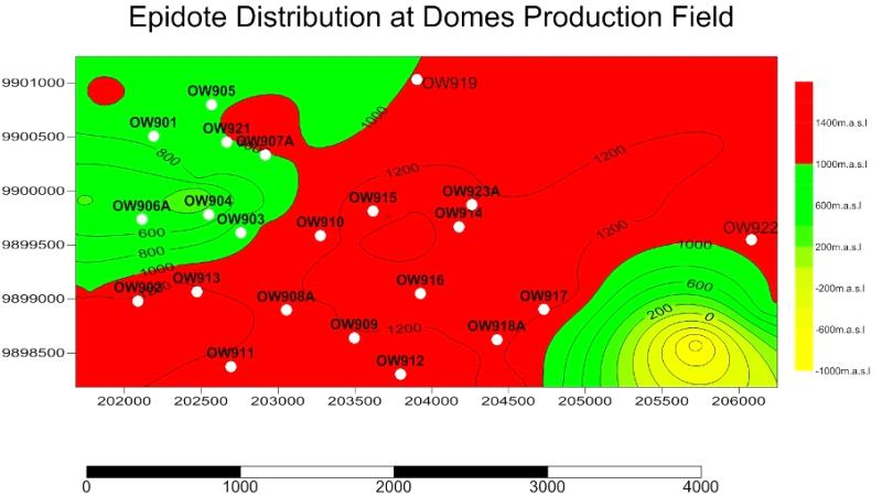 Figure 3: Epidote distribution at Olkaria domes production field The second and third objectives of the study were to compare the formation temperature against alteration temperature and