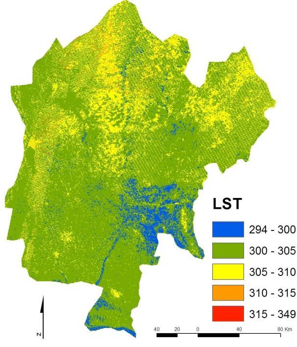 Figure 3. Maps showing some of the results of the land surface temperature of the south east of Nigeria. A: 1984 LST. B: 200 LST.