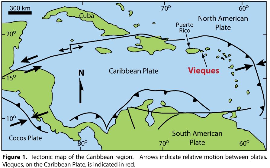 Geologic history of Vieques The islands of Puerto Rico and Vieques sit on the northeast portion of the Caribbean plate, part of the Antilles island arc that stretches east and south, to almost