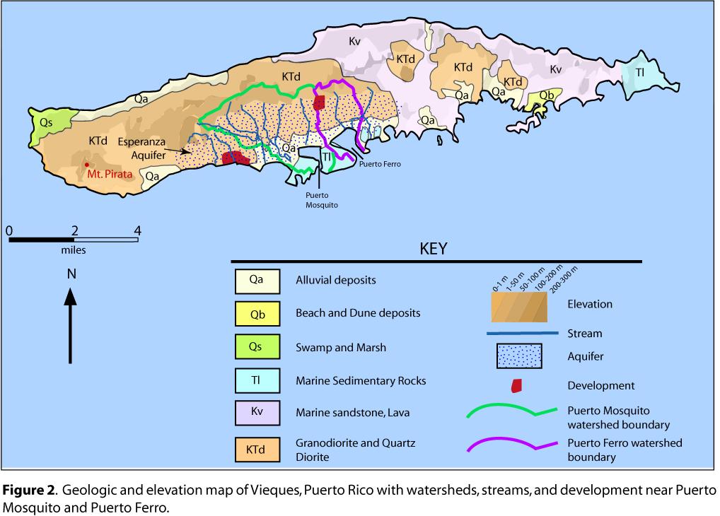 The resulting bedrock of Vieques is made up mostly of granodiorite and quartz diorite (KTd), with some Cretaceous volcanic assemblages and marine sandstones (Kv) exposed on the eastern third of the