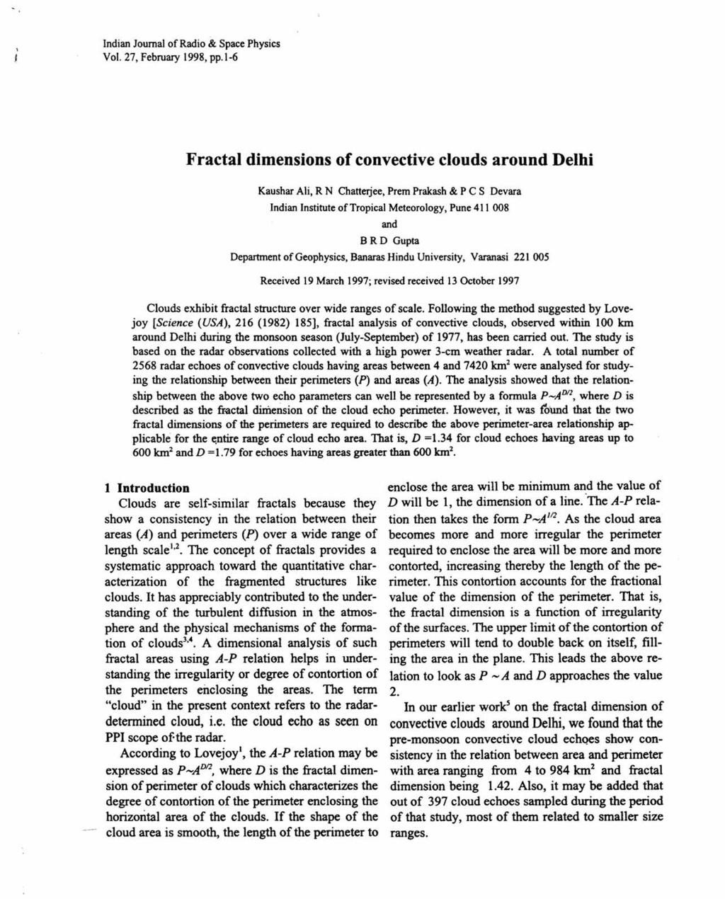 , j Indian Jurnal f Radi & Space Physics Vl. 27, February 1998, pp.