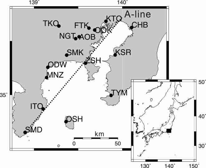 Fig.1 locations of stations applied to more than half a year long-term microtremor data collected at the 16 stations in the southern Kanto (Fig.1) using a 100Hz sampling frequency.