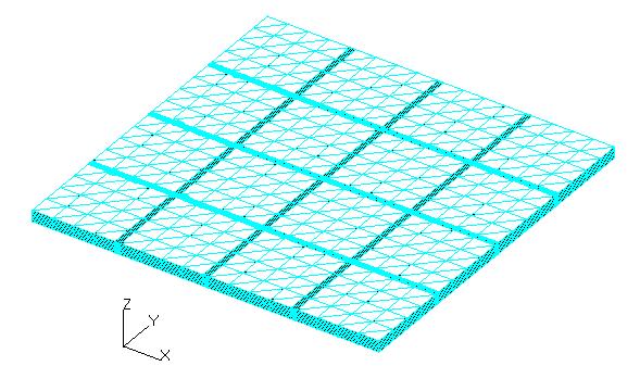 Figure 6. Finite Element Mesh of Repeating Cell Orthotropic material properties were applied to the vertical and horizontal strands in plane in the weave along the local coordinate axes.